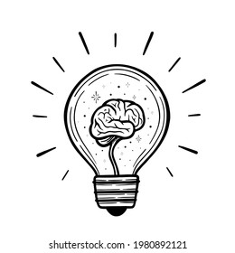 Vector Light Bulb In Sketch Style. Hand Drawn Lightbulb With Brain Inside.
