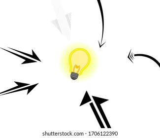 Vector light bulb, a symbol of good ideas and innovations, and arrows of different shapes directed to it