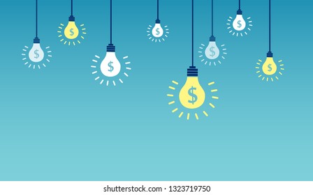 Vector of light bulbs with dollar symbols on a blue background. Successful financial ideas and innovation concept. 
