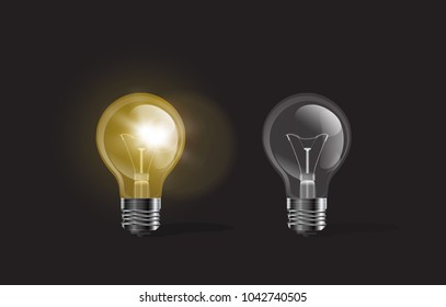 Vector light bulbs, glowing and off.