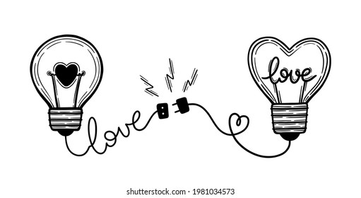 Vector Light Bulbs With Heart And Love Text Inside. Light Bulb With Electric Wire With Plug And Socket. Spark Of Passion. Ready To Connect.