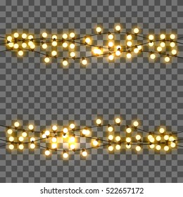 Vector light bulbs, realistic retro garland, background with yellow glowing lights on transparent background.