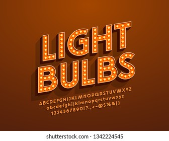 Vector Light Bulbs retro style Font. Electric vintage Alphabet Letters for Entertainment and Event Marketing