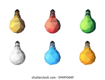 Vector light bulbs set. Colorful Low poly lamps illustration isolated on white background.