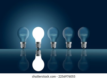 vector with light bulbs standing in a row. illustration with one glowing light bulb among dimmed light bulbs - Shutterstock ID 2256976055