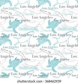 Vector Light California Cities Animals Travel Seamless Pattern with Los Angeles, San Francisco, Turtles, and Whales.