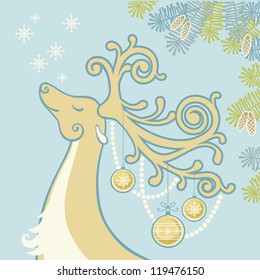 Vector light christmas background. New year's card with head of deer with stylized antlers, festive decoration, branches of fir tree. Original abstract illustration in cartoon style with personage.