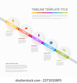 Vector light color diagonal time line with icons in five semi transparent matt glass circles template  with icons, descriptions and rainbow colorful arrows timeline in the white background. 