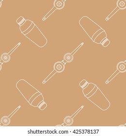 vector light color outline design barman tools cobbler shaker squeezer isolated brown gold background deco seamless pattern
