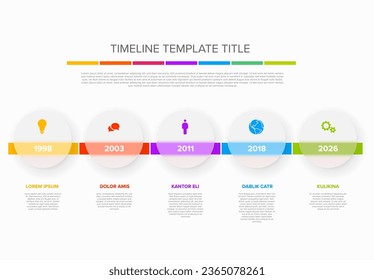 Vector light color time line with icons in five semi transparent matt glass circles template  with icons, descriptions and rainbow colorful arrows timeline in the white background. 