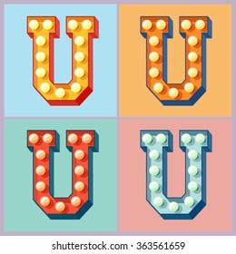 Vector  light up colorful flat lamp alphabet. Letter U