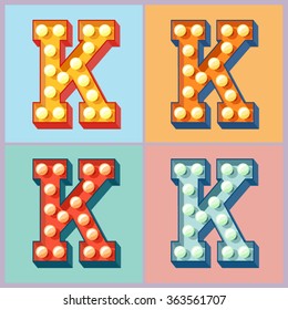 Vector  light up colorful flat lamp alphabet. Letter K