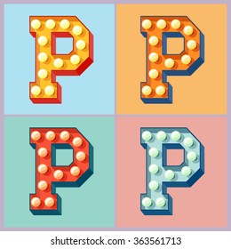 Vector  light up colorful flat lamp alphabet. Letter P