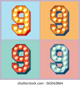 Vector light up colorful flat lamp alphabet. Number 9