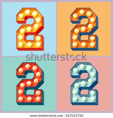 Vector light up colorful flat lamp alphabet. Number 2