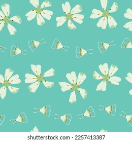 Vector light cyan seamless pattern. The Moth Walk. Wavy rows of moths promenading behind each other between elegant flowers. Part of First Floral collection.