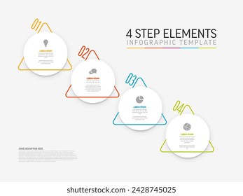 Plantilla de infografía de luz vectorial diagonal con tarjetas de paso de círculo blanco, iconos y descripciones. Plantilla minimalista simple de infochart multipropósito con cuatro elementos de paso y triángulo de borde de color 