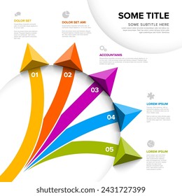 Vector light diagonal Infographic template with title and five elements options with big color arrows. Multipurpose Infochart with modern colors lines icons and arrows pointing on various  directions 