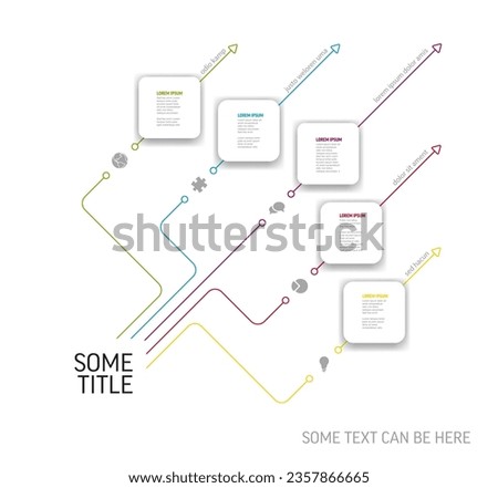 Vector light diagonal Infographic template with white rounded square cards with icons titles and descriptions. Simple minimalistic time line steps template with color lines