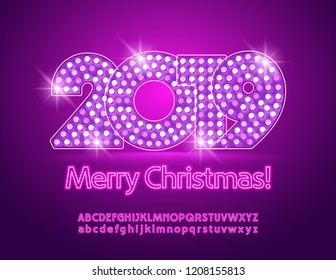 Vector light up disco Merry Christmas 2019 Greeting Card with Alphabet. Neon violet Font.