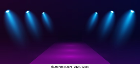 Vector light dots directional down on a red carpet, dark background with light dots, 6 sofhs, scenic spotlights. Vector, red track highlighted by sofits, place for text 