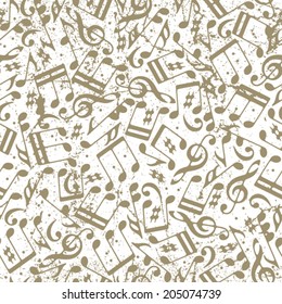 Vector light dotted music seamless pattern with musical notes on white frayed background. 