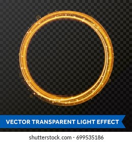 Vector light effect of circle line gold swirl. Glowing round light fire flare trace of glitter magic sparkle swirl trail on transparent background. Bokeh light glitter wave of sparkling particles.