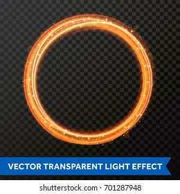 Vector light effect of circle line gold swirl. Glowing circular round light fire flare circular twirl trace. Bokeh light glitter wave line of magic sparkling particles trail on transparent background.