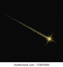 Vector light effect. gold comet with glowing tail of shining stardust sparkles, Gold glittering star dust 