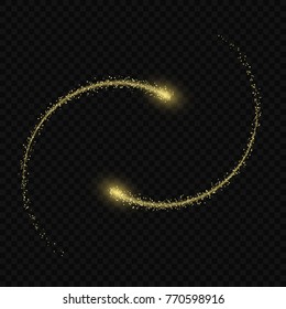 Vector light effect. golden comet with glowing tail of shining stardust sparkles, Gold glittering star dust 