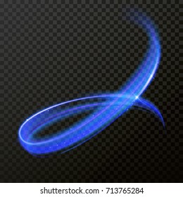 Vector light effect of neon sparkling line swirl. Shining glitter trace or glowing fire light flare trail on transparent background. Magic glittering blue sparkles swirl of light or round particles
