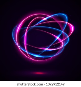 Vector light effect. The object s light stroke. Circular lens flare. Abstract rotational lines. Power energy element. Luminous sci-fi. Shining neon lights cosmic abstract frame. Magic round frame.