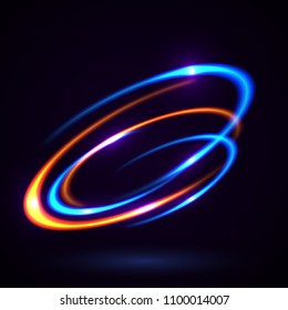 Vector light effect. The object s light stroke. Circular lens flare. Abstract rotational lines. Power energy element. Luminous sci-fi. Shining neon lights cosmic abstract frame. Magic round frame.