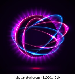 Vector light effect. The object s light stroke. Circular lens flare. Abstract rotational lines. Power energy element. Luminous sci-fi. Shining neon lights cosmic abstract frame. Magic round frame.