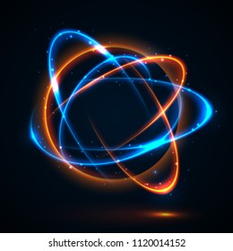 Vector light effect. The object s light stroke. Circular lens flare. Abstract rotational lines. Power energy element. Luminous sci-fi. Shining neon lights cosmic abstract frame. Magic round frame.