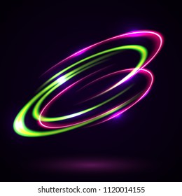 Vector light effect. The object s light stroke. Circular lens flare. Abstract rotational lines. Power energy element. Luminous sci-fi. Shining neon lights cosmic abstract frame. Magic round frame.