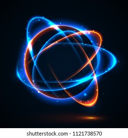 Vector light effect. The object s light stroke. Circular lens flare. Abstract rotational lines. Power energy element. Luminous sci-fi. Shining neon lights cosmic abstract frame. Magic round frame.