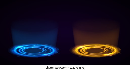 Vector light effect. The object s light stroke. Circular lens flare. Abstract rotational lines. Power energy element. Luminous sci-fi. Shining neon lights cosmic abstract frame. Magic round frame.