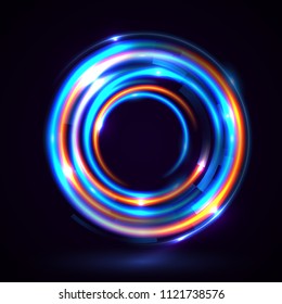Vector light effect. The object s light stroke. Circular lens flare. Abstract rotational lines. Power energy element. Luminous sci-fi. Shining neon lights cosmic abstract frame. Magic round frame.
