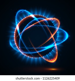 Vector light effect. The object s light stroke. Circular lens flare. Abstract rotational lines. Power energy element. Luminous sci-fi. Shining neon lights cosmic abstract frame. Magic round frame.