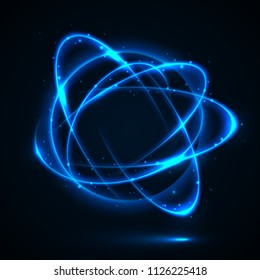 Vector light effect. The object s light stroke. Circular lens flare. Abstract rotational lines. Power energy element. Luminous sci-fi. Shining neon lights cosmic abstract frame. Magic round frame.