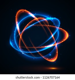 Vector light effect. The object s light stroke. Circular lens flare. Abstract rotational lines. Power energy element. Luminous sci-fi. Shining neon lights cosmic abstract frame. Magic round frame.