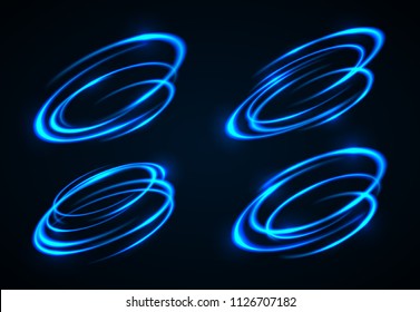 Vector light effect. The object s light stroke. Circular lens flare. Abstract rotational lines. Power energy element. Luminous sci-fi. Shining neon lights cosmic abstract frame. Magic round frame.