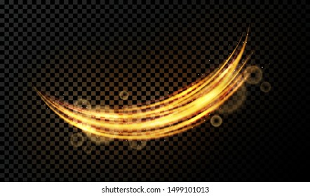 Vector light effect on transparent background. Golden transparent light with dynamic swirl. Glowing light ring or motion swirl with flying sparkling flash and particles