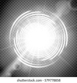 Vector light effect on transparent background. Glowing cosmic vortex or super nova with lens flares illustration.