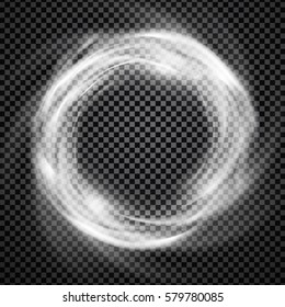 Vector light effect on transparent background. Glowing cosmic vortex or smoke ring illustration.