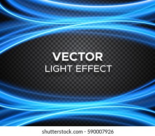Vector light effect on transparent background. Banner layout with blue magic glowing curves