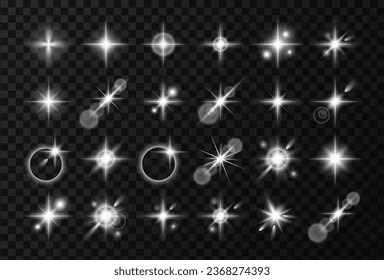 Vector light effect set. Horizontal glowing lines of sunrise and laser glow effect on a dark transparent background. Glowing rays abstract elements.