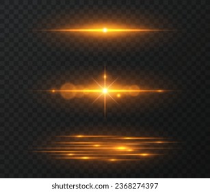Vector light effect set. Horizontal glowing lines of sunrise and laser glow effect on a dark transparent background. Glowing rays abstract elements.