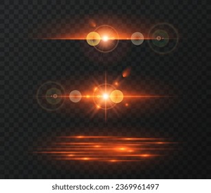 Vector light effect set. Horizontal glowing lines of sunrise and laser glow effect on a dark transparent background. Glowing rays abstract elements.